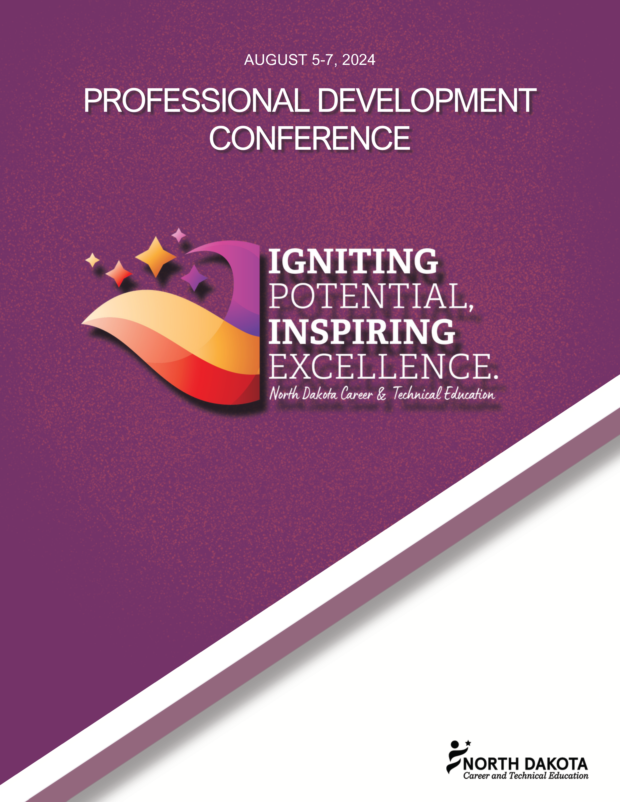 2024 Conference Program Cover, Burgundy color with the text Igniting Potential Inspiring Excellence